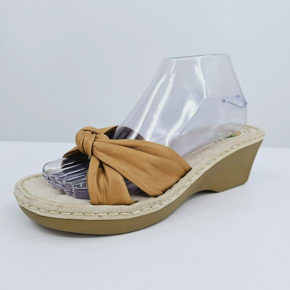 Earth Spirit Liberty Sandals 8.5 Slide Wedge Mule Camel Tan Leather Slip On Knot - Picture 1 of 12